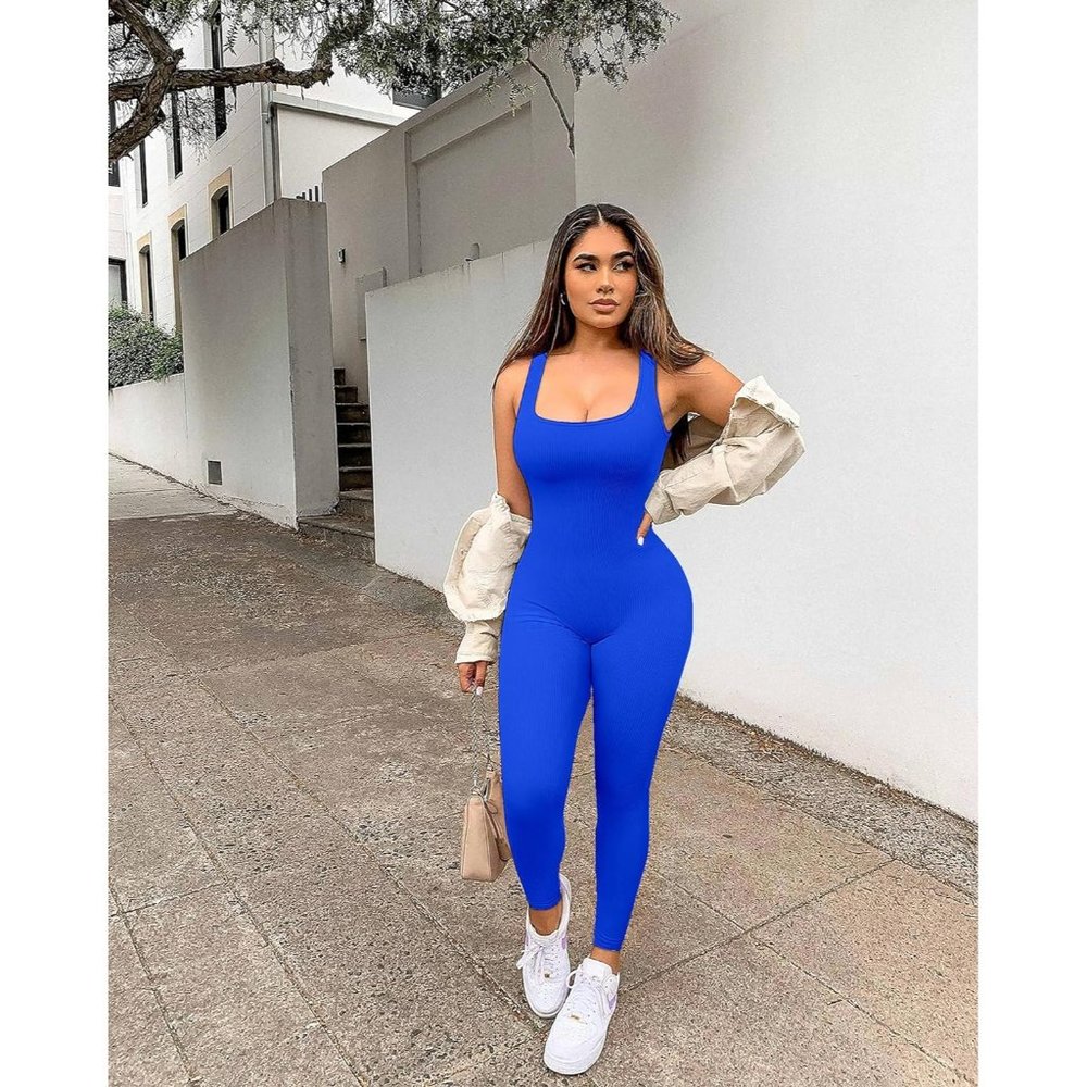 Women's Blue One Piece Square Neck Workout Seamless Jumpsuit